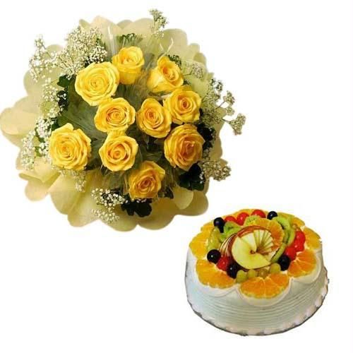 12 yellow roses bouquet 1/2 kg FRESH FRUIT cake- Send cakes and flowers to Navsari