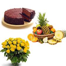 2 Kg. Fresh Fruits with 1/2 Kg Chocolate Cake and 12 yellow roses