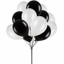 10 gas pre inflated balloons in black and white tied with ribbons