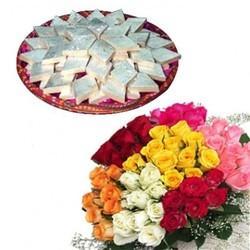 1 Kg Kaju Barfi+12 mix Roses