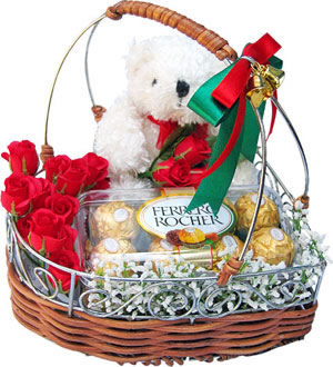 Midnight-Teddy 16 ferero rocher and 12 red roses all in a basket