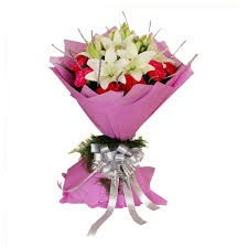 White oriental Lilies with red Roses Bouquet