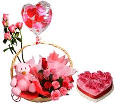 10 Pink Roses Pink teddy in a basket with 1 Kg heart Strawberry cake and 1 Pink Balloon