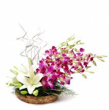 4 Purple Orchids 4 white lilies in a basket