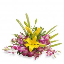 6 Purple Orchids 2 Yellow lilies in a basket