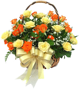 Basket of 24 orange and yellow roses