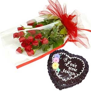 1 Kg Heart chocolate Cake with 12 Red roses bouquet