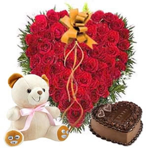 25 Heart shaped roses + 1 kg cake + Teddy