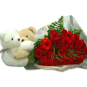 Midnight-2 Teddies (6 inches) + 12 red roses