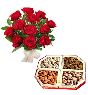 250 grams Kg Dryfruits + 8 Red roses