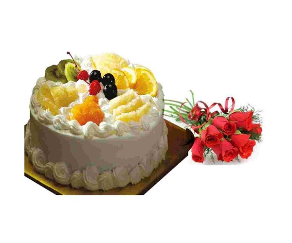 Half Kg Fresh Fruit Cake 6 red roses bouquet