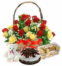 Box of 16 ferrero 24 red yellow roses basket 1/2 kg black forest teddy