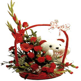 6 red roses 2 red gladiollus with 6 inch Teddy 6 inches in same basket